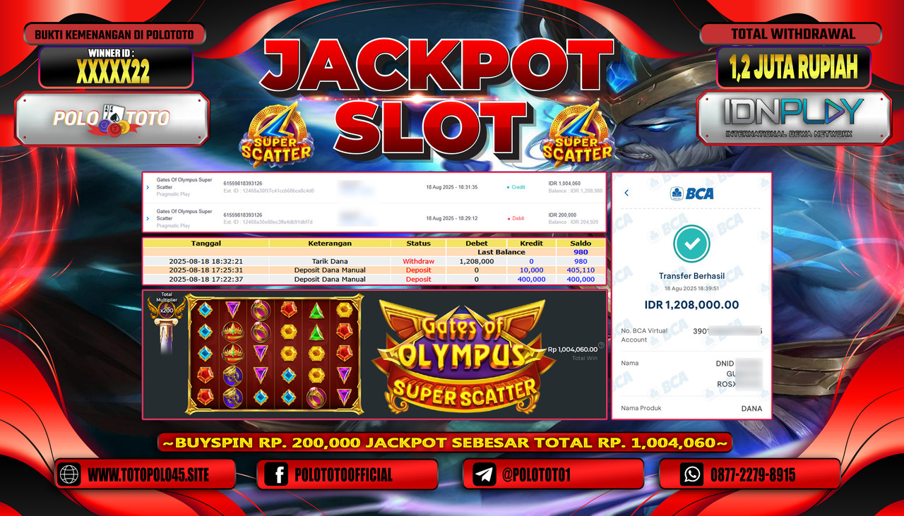 POLOTOTO JACKPOT SLOT GATES OF OLYMPUS SUPER SCATTER Rp.1.200.000,- LUNAS