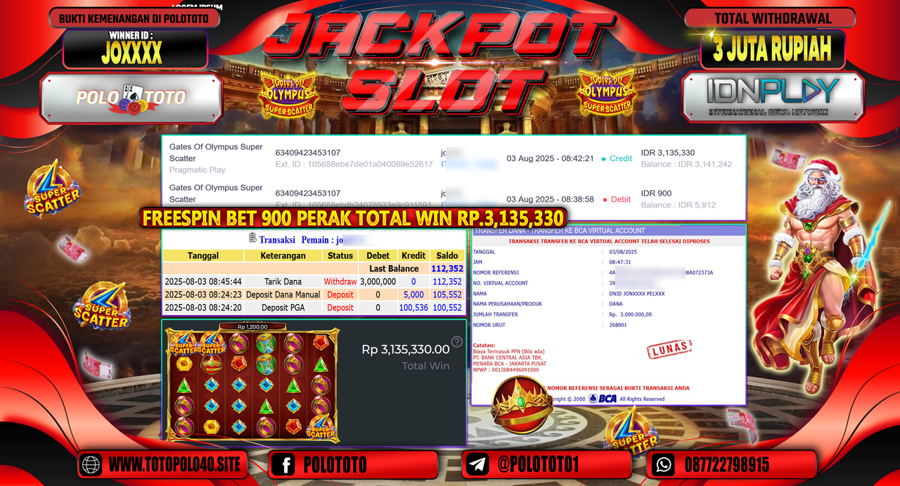 POLOTOTO JACKPOT SLOT GATES OF OLYMPUS SUPER SCATTER Rp.3.000.000,-LUNAS