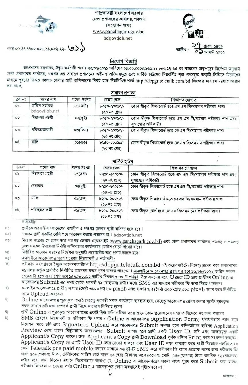 Panchagarh DC Office Job Circular 2022