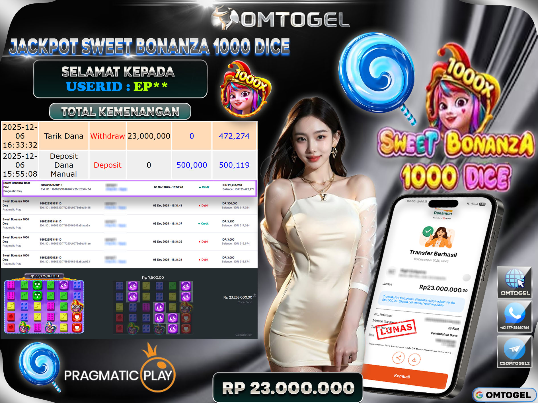 OMTOGEL JACKPOT PRAGMATIC PLAY SWEET BONANZA 1000 DICE  ,23 JUTA DI BAYAR LUNAS ,-