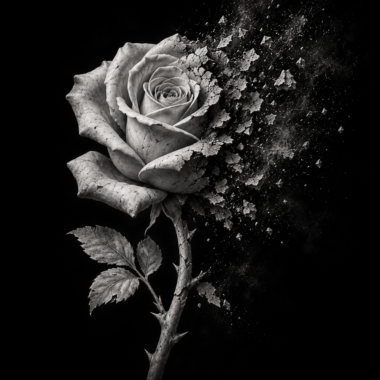 A stone rose crumbling into dust