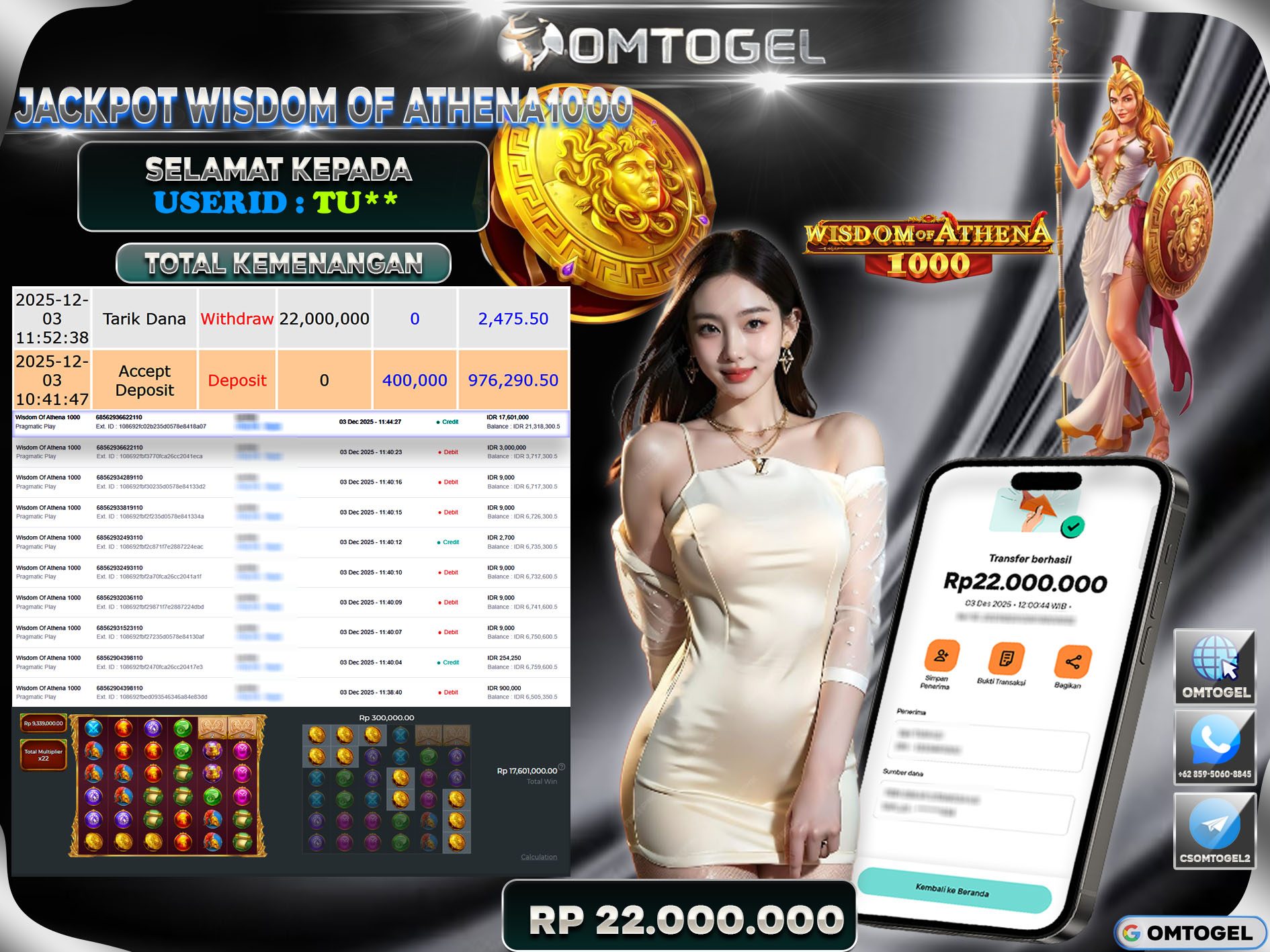 OMTOGEL JACKPOT PRAGMATIC PLAY WISDOM OF ATHENA 1000 ,22 JUTA DI BAYAR LUNAS ,-