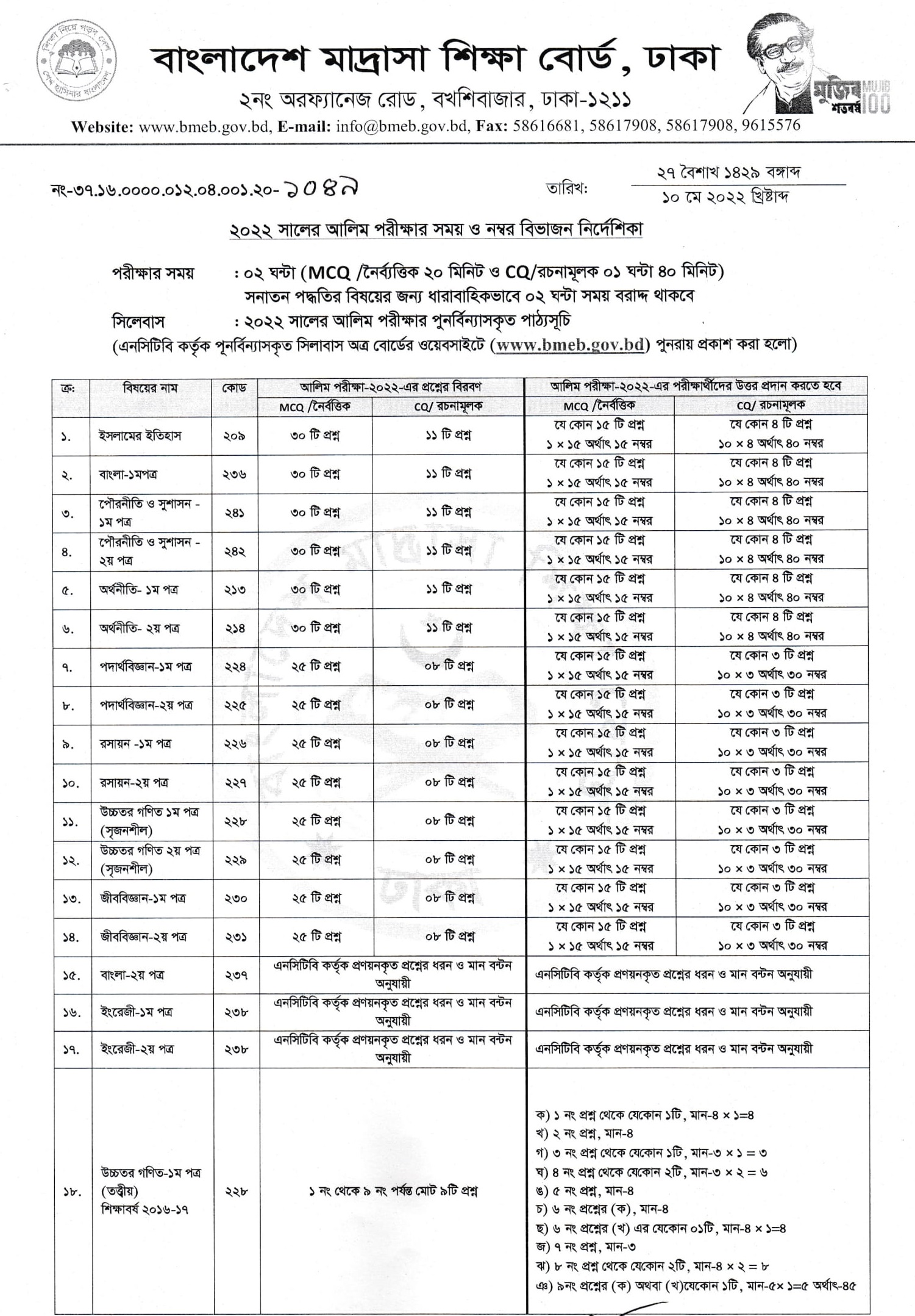 আলিম পরীক্ষার প্রশ্নের মানবন্টন ও পরীক্ষার সময় ২০২২ (সকল বিষয়) 7 ২০২২ সালের আলিম পরীক্ষার সময় ও নম্বর বিভাজন নির্দেশিকা