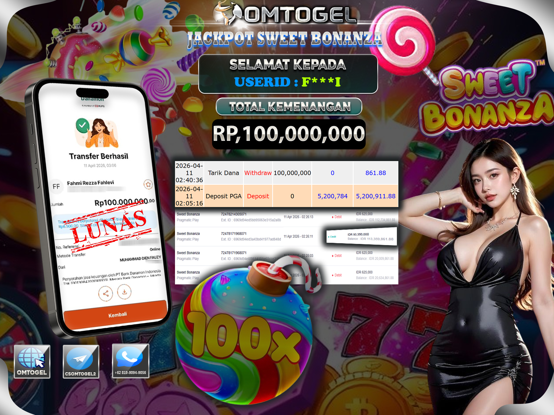 OMTOGEL JACKPOT PRAGMATIC PLAY SWEET BONANZA , 100 JUTA DI BAYAR LUNAS ,-