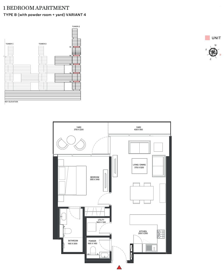 Sobha One - Tower E 1-BR apartment keyplan and unit layout showing internal configuration, living area, bedroom, balcony and circulation plan for Dubai property Distress Deal