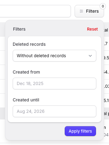 Stature Theme Orders filter popover in light mode