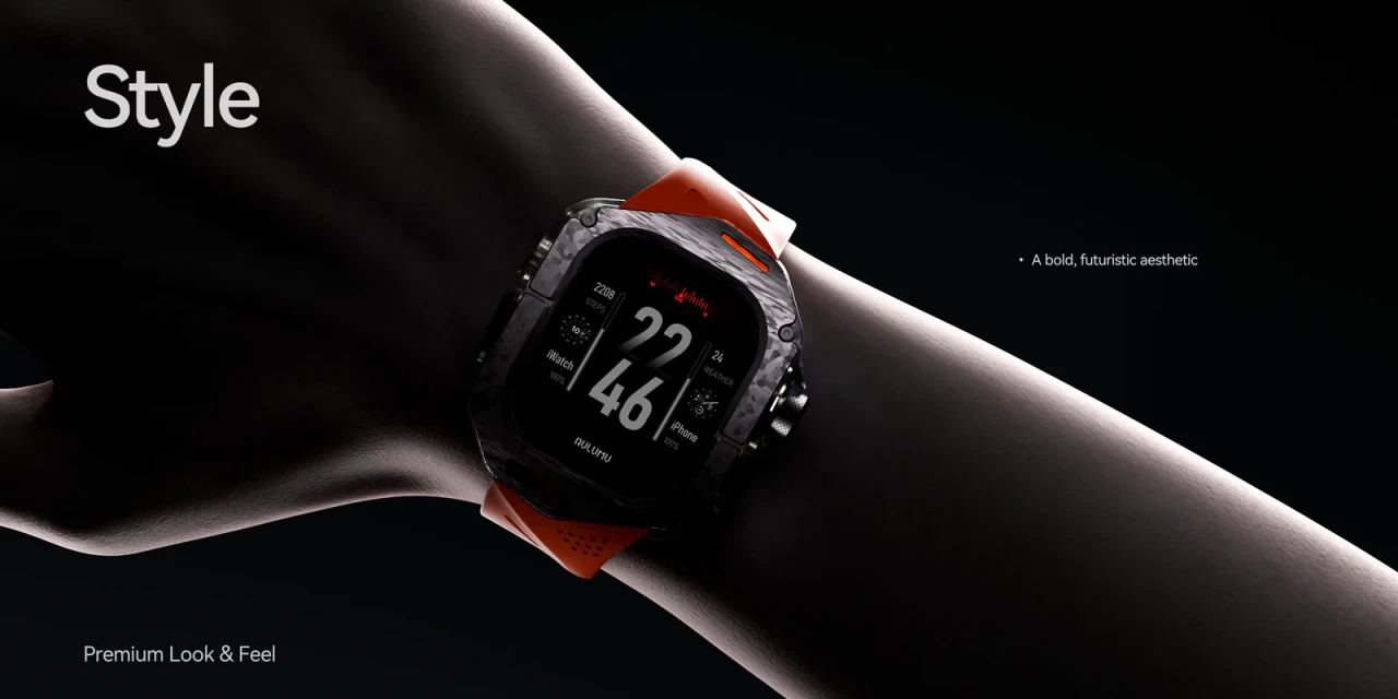 Set Husa si Curea pentru Apple Watch Ultra 1/2/3, Aulumu A01, din Fibra de carbon si cauciuc, Rezistenta la socuri, Butoane metalice tactile, Protectie 360°, Banda FKM elastica si durabila, Rezistenta la apa si transpiratie, Design premium, Negru A01 C PC BLOCK 3