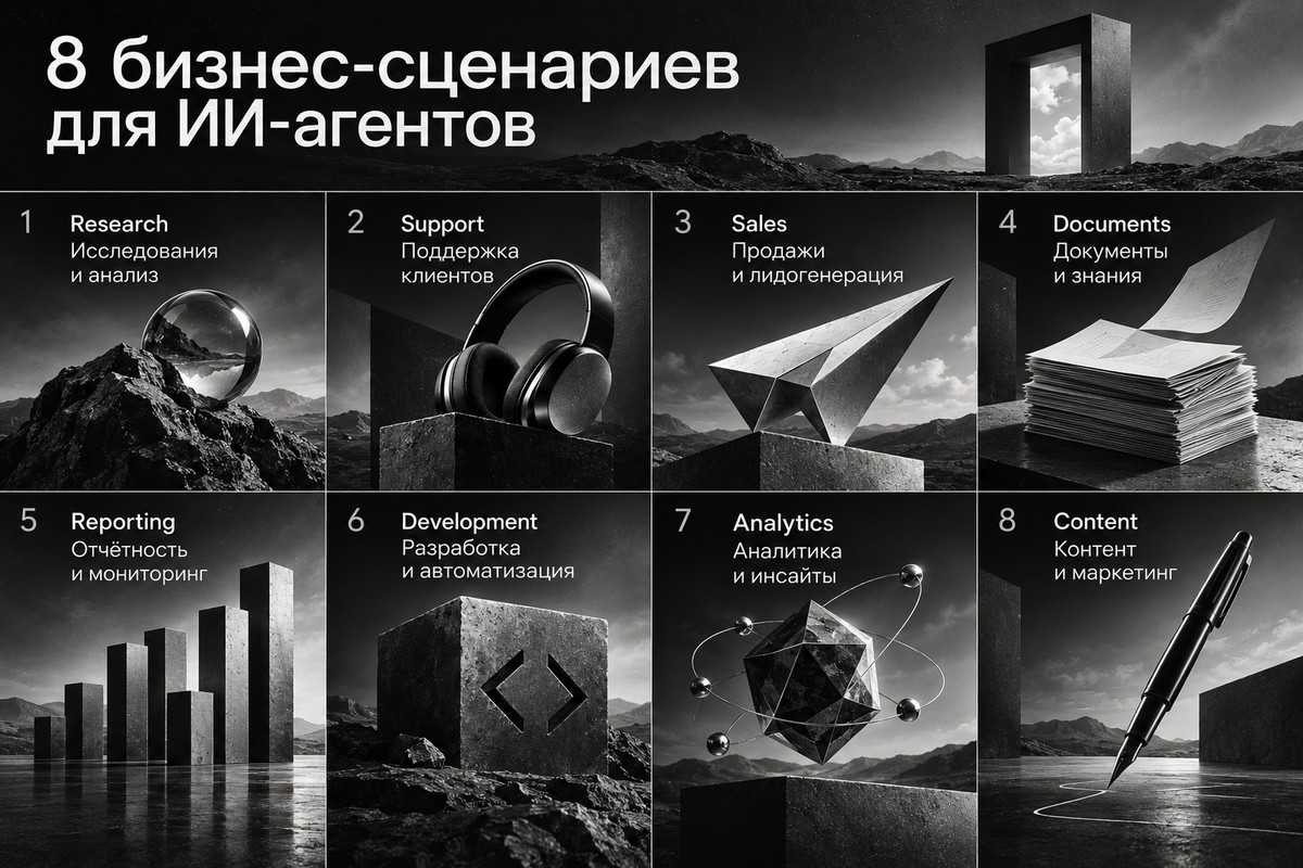 Восемь бизнес-сценариев применения ИИ-агентов: research, support, sales, documents, reporting, development, analytics и content