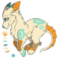 Tan wolf with teal eartips and gear designs on her pelt.