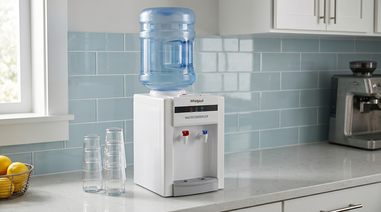 Dispensador de agua compacto sobre mesa Whirlpool color blanco en cocina