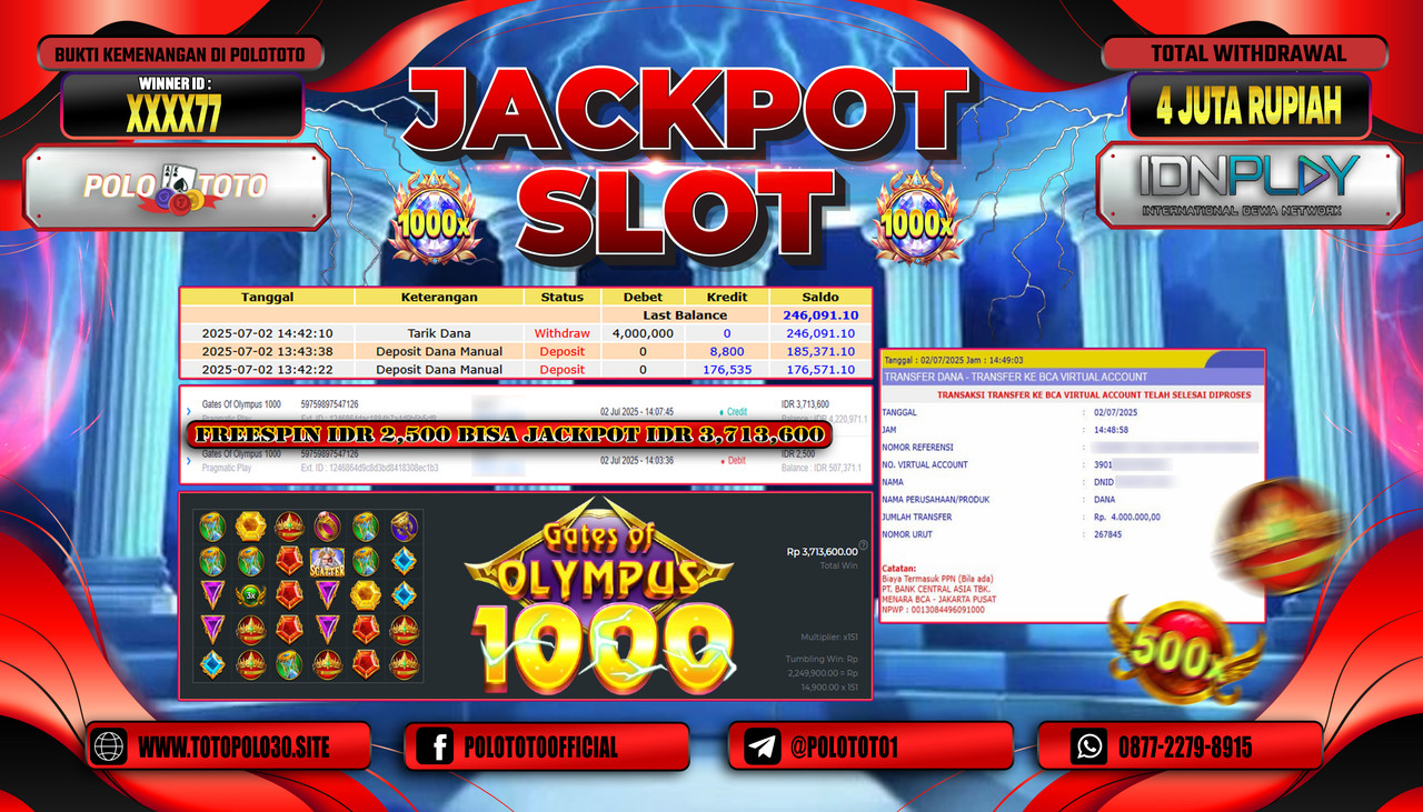 POLOTOTO JACKPOT SLOT GATES OF OLYMPUS 1000 Rp.4.000.000,- LUNAS
