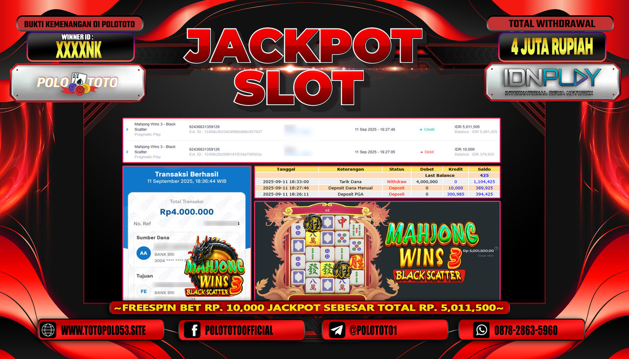 POLOTOTO JACKPOT SLOT MAHJONG WINS 3 - BLACK SCATTER Rp.4.000.000,-LUNAS