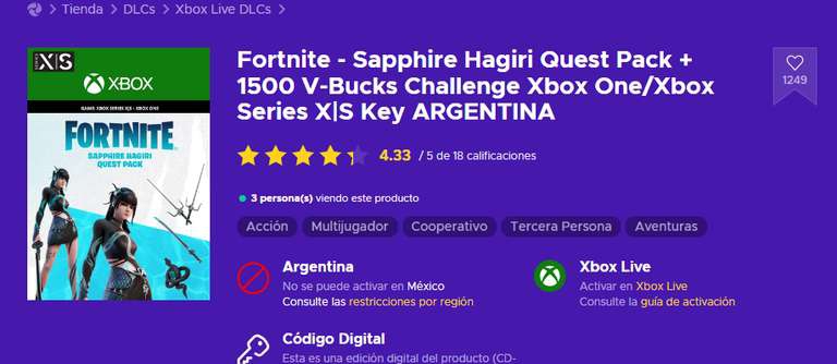 ENEBA: FORTNITE Sapphire Hagiri Quest Pack + 1500 V-Bucks Xbox ARGENTINA 
