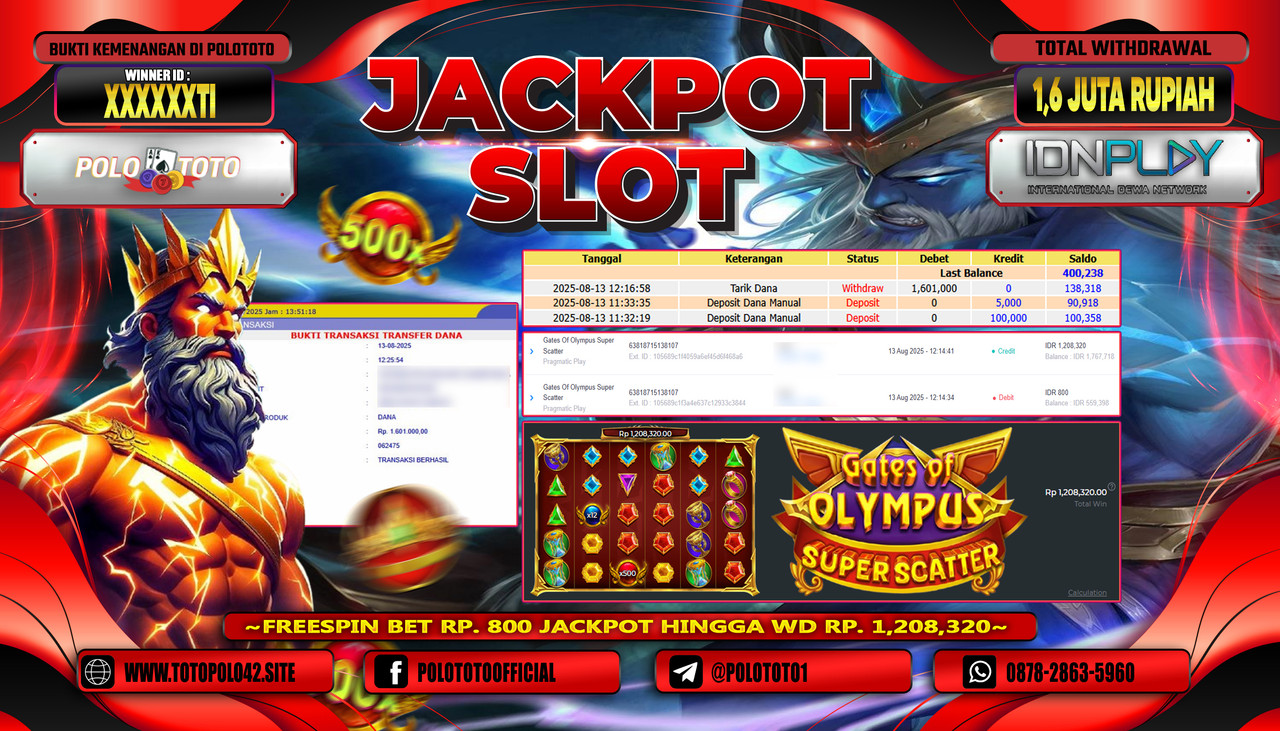 POLOTOTO JACKPOT SLOT GATES OF OLYMPUS SUPER SCATTER Rp.1.600.000,-LUNAS