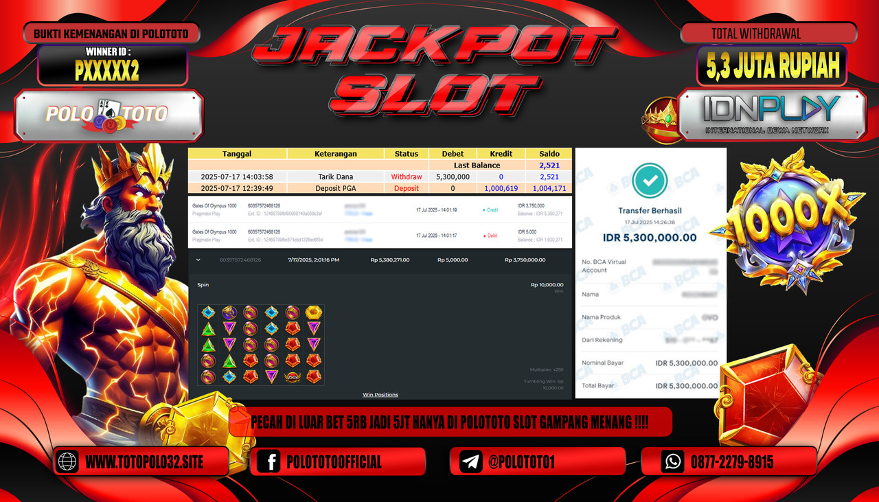 POLOTOTO JACKPOT SLOT GATES OF OLYMPUS 1000 Rp.5.300.000,- LUNAS