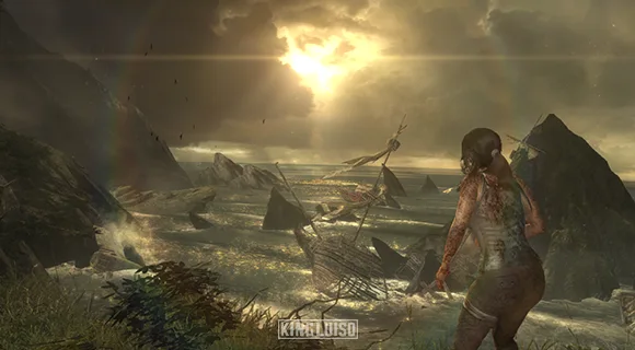 Lara en la orilla de un acantilado mirando el atardecer tras sobrevivir de la muerte en un derrumbe