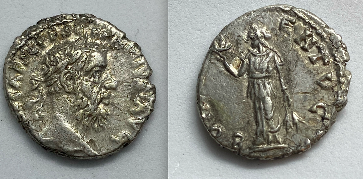 Denario de Pescennius Niger. BONI EVENTVC. Antioquía PESCENNIUS-NIGER
