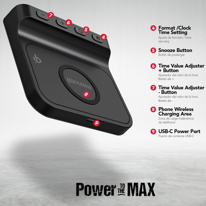 Reloj despertador Maxell con un smartphone cargando de forma inalámbrica en la parte superior.