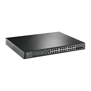 Switch TP-Link TL-SG3428XMP exibindo as 24 portas Gigabit PoE+ e os 4 slots SFP+ 10G.
