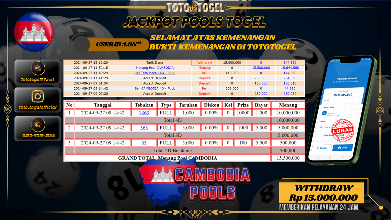Bukti Kemenangan Permainan Pools Togel  ID : LON*** Terbayar Lunas!!