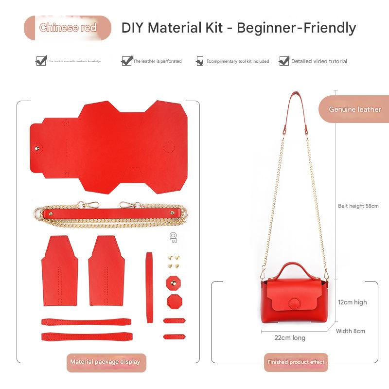 Red Leather Bag DIY Kit – Geometric Shoulder Bag Making Material Set with Pre-Punched Cowhide, Tools for Hand Stitching