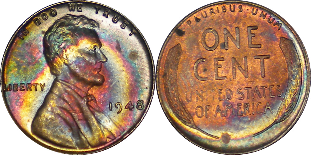 1948 MS 66 AMAZING RAINBOW COLOR TONED 1C