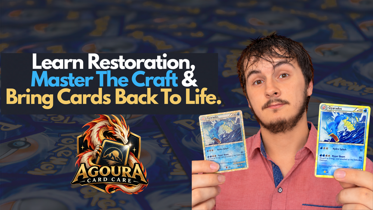 Agoura Card Care Pokémon card restoration community banner showing step-by-step trading card cleaning and repair