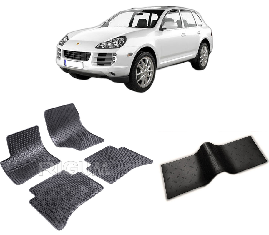 Set covorase auto PORSCHE CAYENNE I din 11.2002-2010, cu covoras tunel median, CAROSERIE SUV, Presuri cauciuc 100%, compatibil cu autoturismul PORSCHE CAYENNE I, Rigum