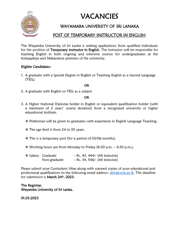 Temporary Instructor - WUSL - www.gazette.lk