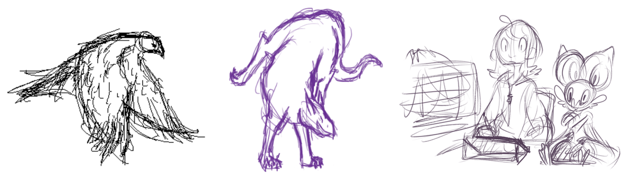 A scribbly drawing of a bird, a dragon-like creature with no wings, and a person next to a noibat from pokemon, drawing or something. It's honestly a little hard for me to tell.