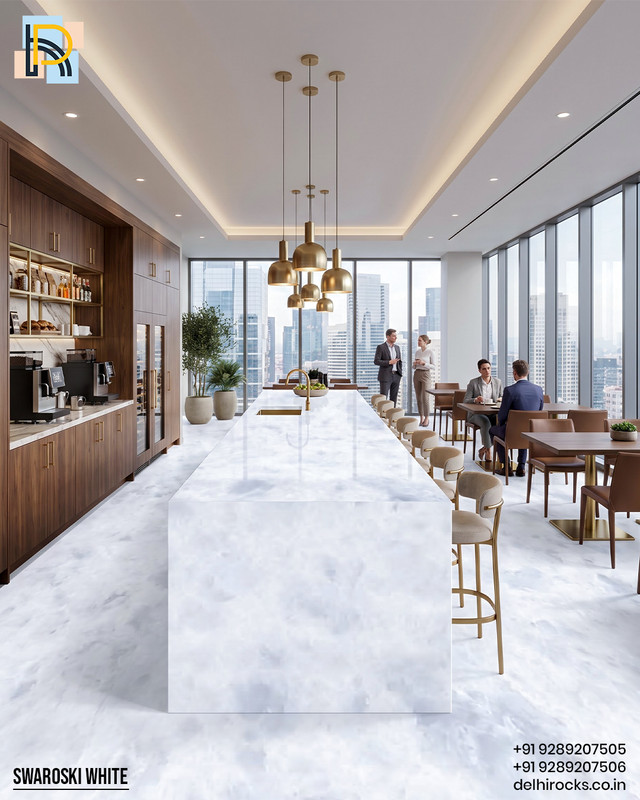 Swarovski white marble transforms this sky high pantry island into an elegant social hub Its