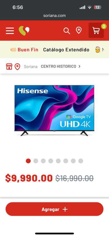 Soriana: Pantalla Hisense 75Pulg 4K UHD Google TV 75A65K 
