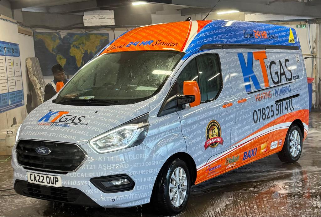 KT Gas van, sign written with Local 24HR Service and the KT postcodes we cover
