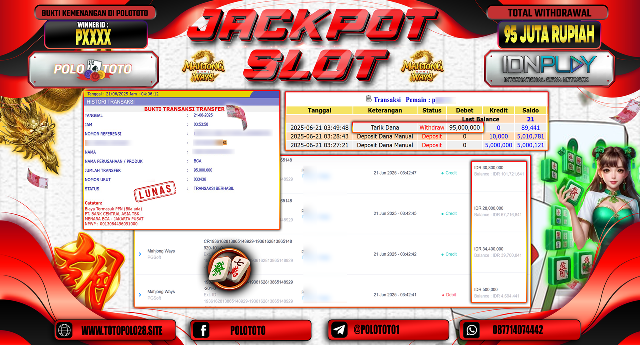 POLOTOTO JACKPOT SLOT MAHJONG WAYS Rp.95.000.000,-
