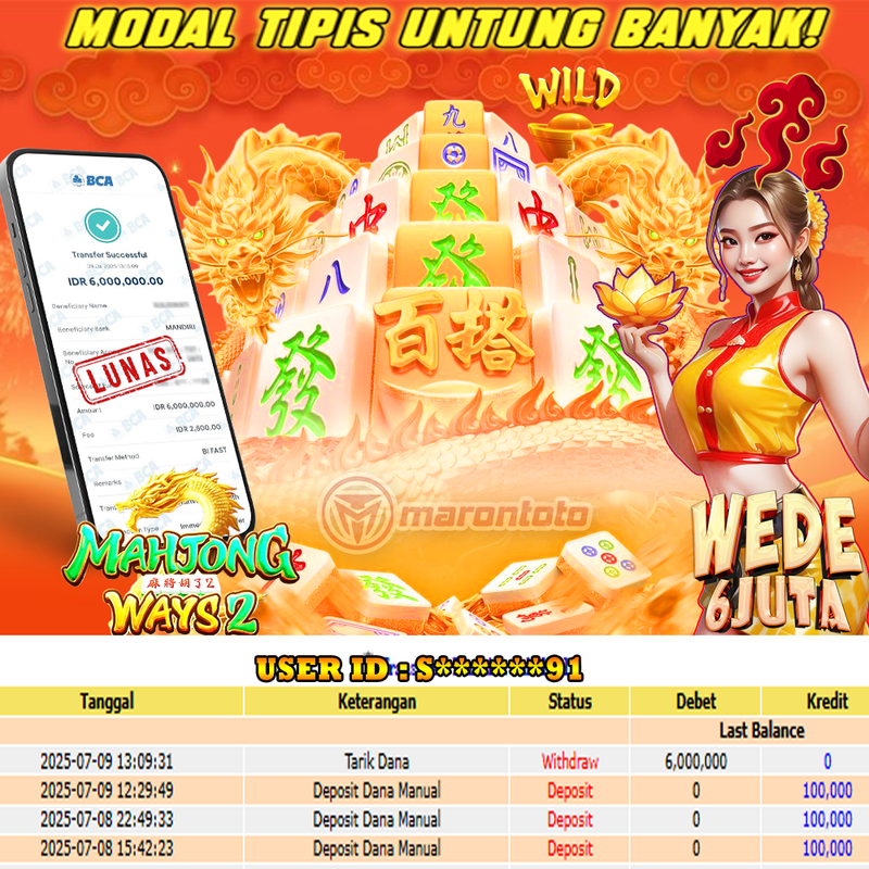 Bukti Kemenangan Member Marontoto Sebesar 6,000,000 JuTa