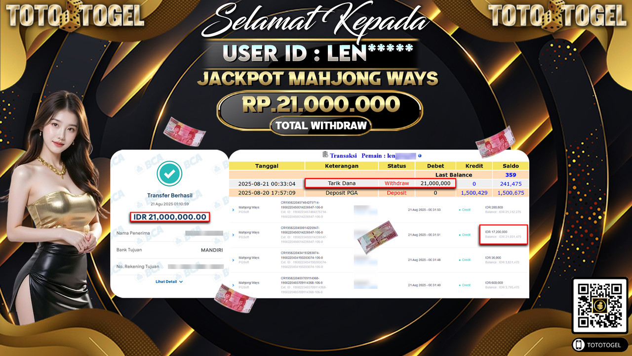 Bukti Pembayaran Jackpot Permainan Slot Mahjong Ways ID:LEN***** LUNAS