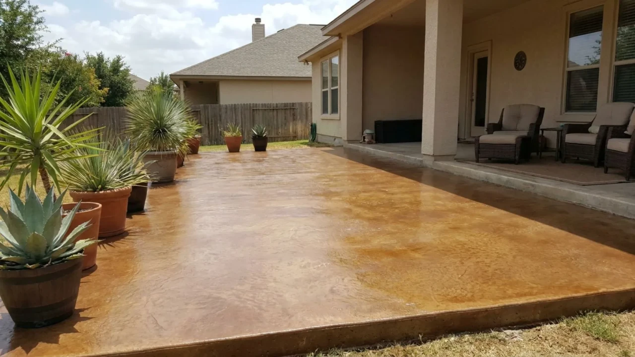 Finished stained concrete patio in San Antonio  existing residential slab transformed with warm earth-tone acid stain and sealed surface, no tear-out required