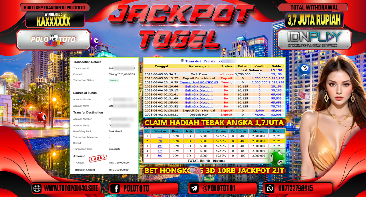 POLOTOTO JACKPOT TOGEL HONGKONG LOTTO Rp.3.700.000,-LUNAS