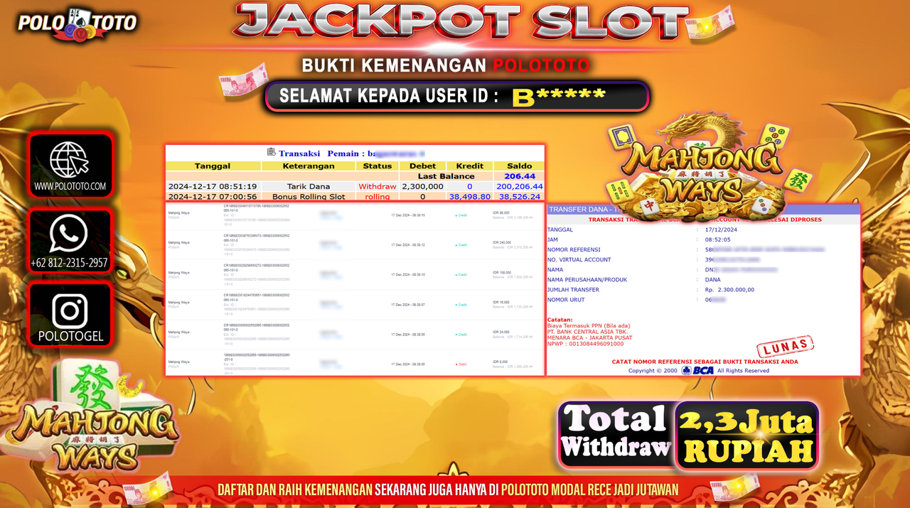 POLOTOTO JACKPOT SLOT MAHJONG WAYS Rp.2,300.000,-