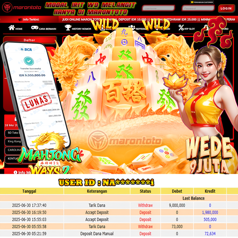 Bukti Kemenangan Member Marontoto Sebesar 9,000,000 JuTa