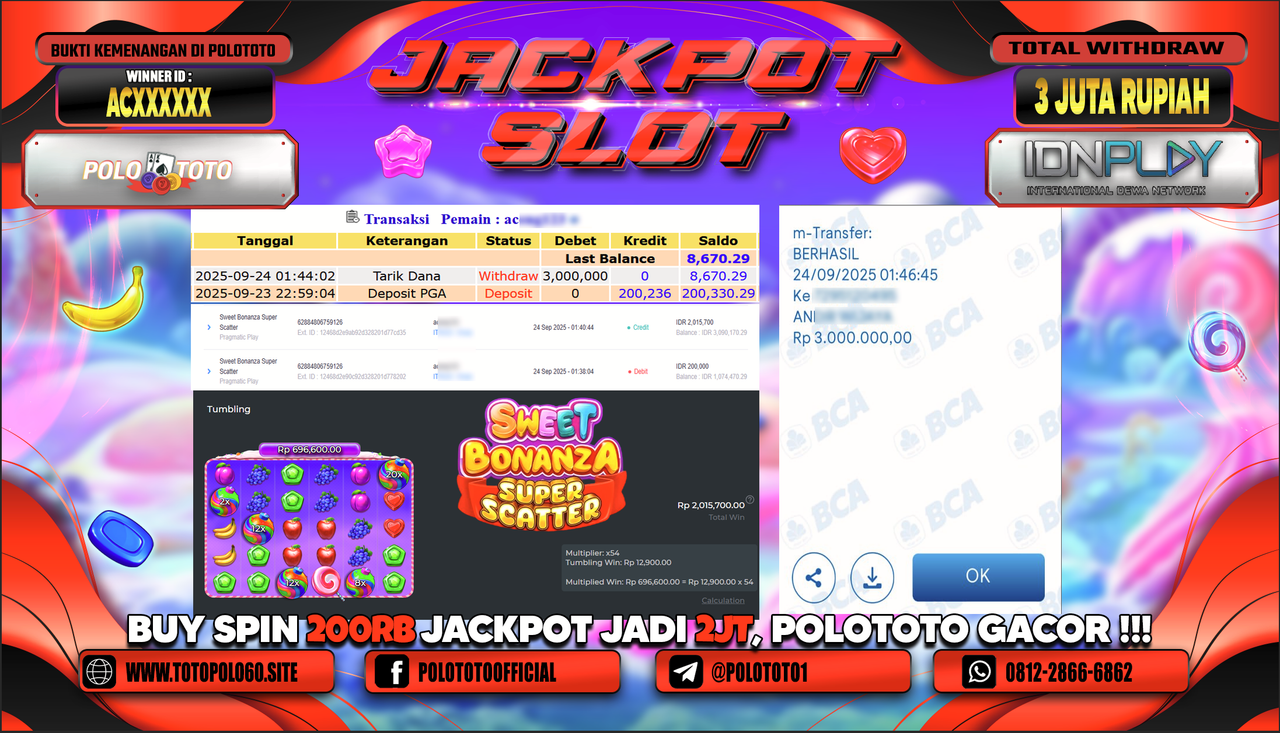 POLOTOTO JACKPOT SLOT SWEET BONANZA SUPER SCATTER Rp.3.000.000,- LUNAS