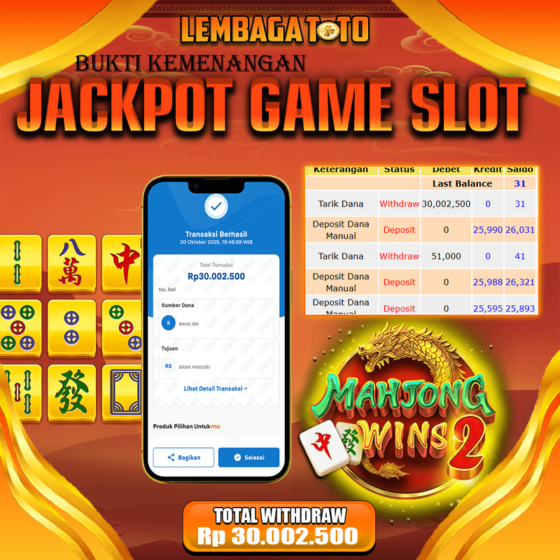 BUKTI JACKPOT 21 OCTOBER LEMBAGATOTO MAHJONG WINS 2 Rp.30.002.500,- LUNAS