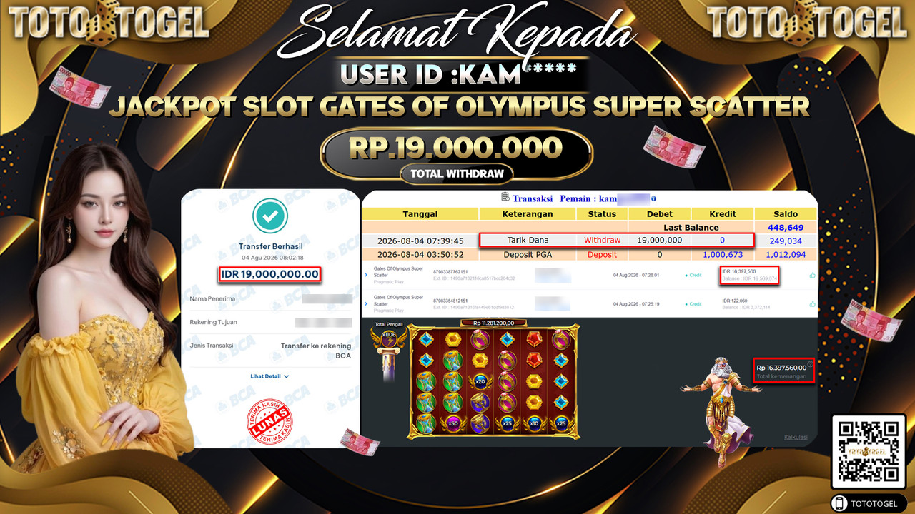 Bukti Pembayaran Jackpot SLOT GATES OF OLYMPUS SUPER SCATTER ID:KAM**** LUNAS