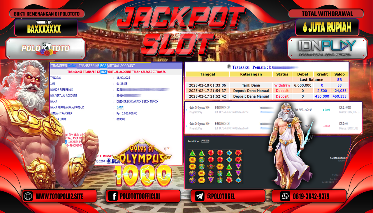 POLOTOTO JACKPOT SLOT GATES OF OLYMPUS 1000 Rp.6.000.000,-