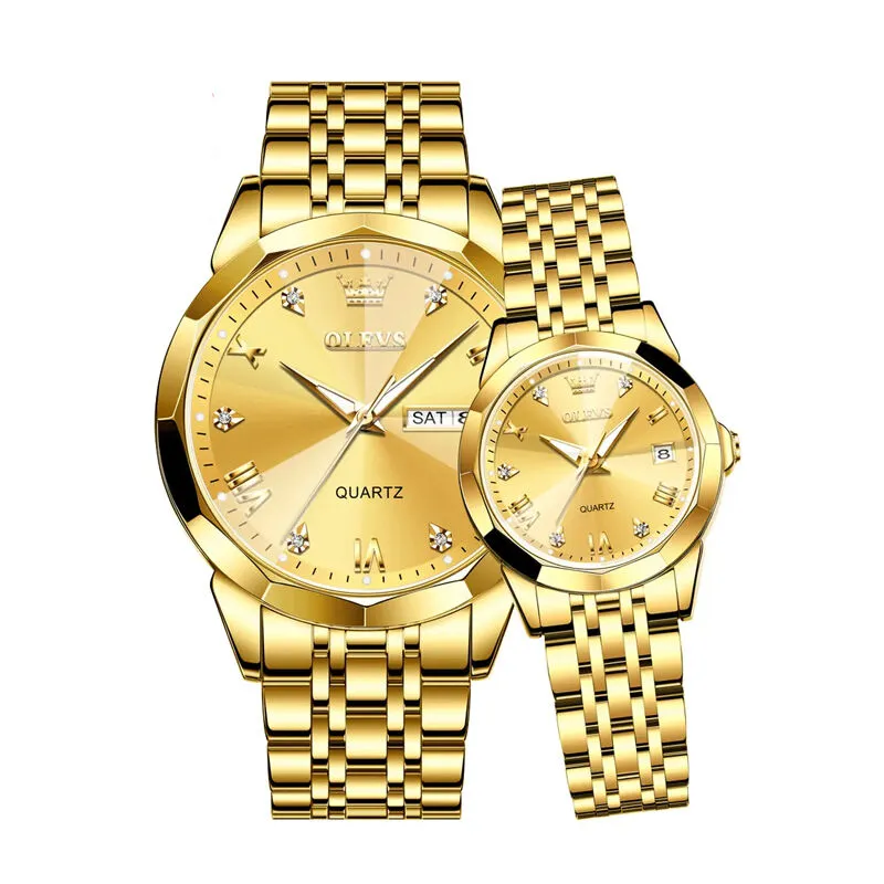 Olevs Stainless Steel fashionable Couple watches Full Golden