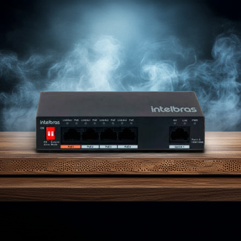 Switch Intelbras SF 500 Hi-PoE com visão frontal das 5 portas Fast Ethernet e 4 portas PoE+.