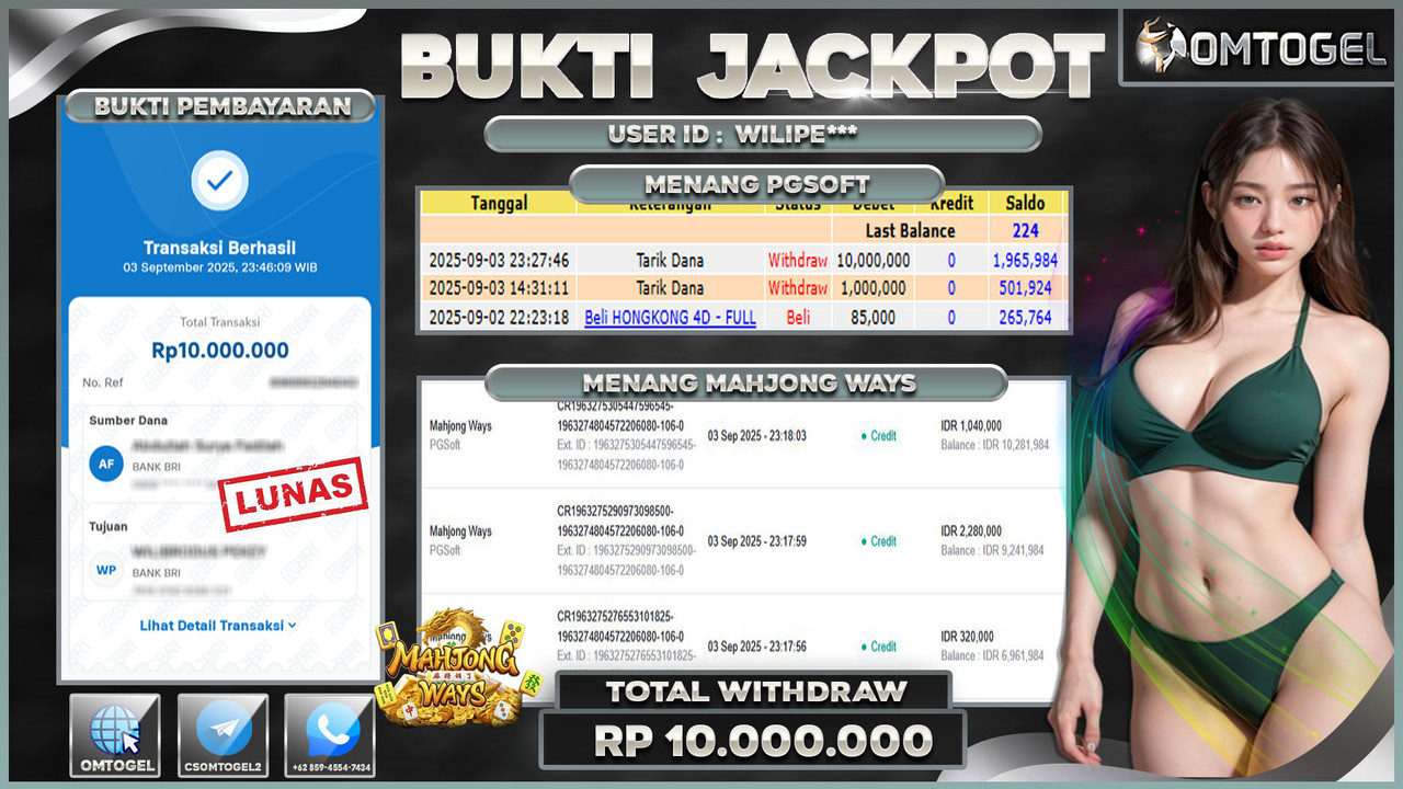OMTOGEL JACKPOT PGSOFT MAHJONG WAYS 10 JUTA DI BAYAR LUNAS ,-