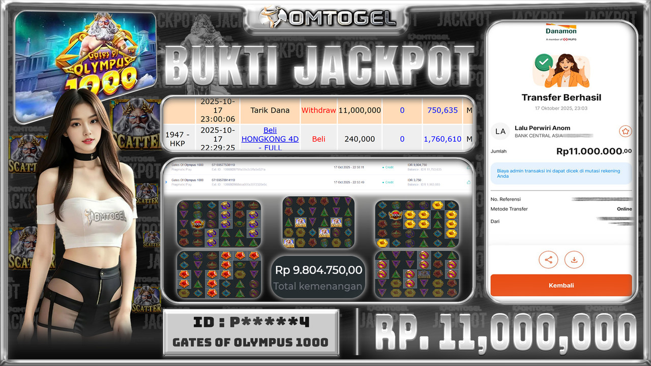 OMTOGEL JACKPOT PRAGMATIC PLAY GATES OF OLYMPUS 1000 11 JUTA DI BAYAR LUNAS ,-