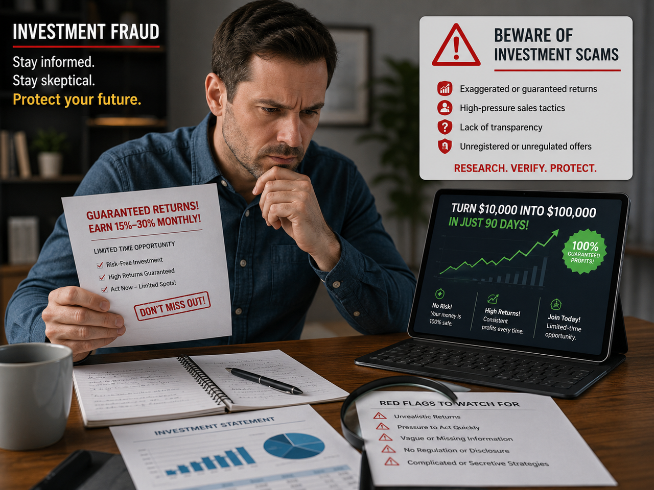 Investment scam red flags showing unrealistic returns and unregulated offers