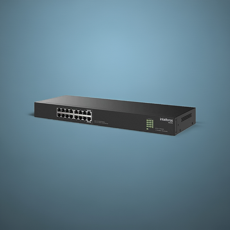 Switch Intelbras S1116G com visão frontal das 16 portas Gigabit Ethernet.
